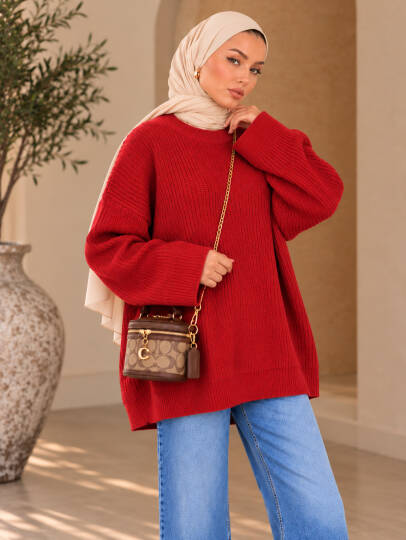 Mellow Oversize Triko Kazak - Kırmızı - 22088-KIRMIZI - 2