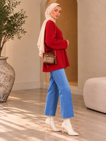 Mellow Oversize Triko Kazak - Kırmızı - 22088-KIRMIZI - 4