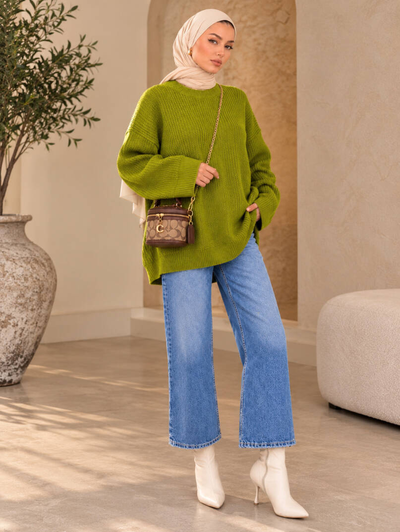 Mellow Oversize Triko Kazak - Yeşil - 22088-YESIL - 1