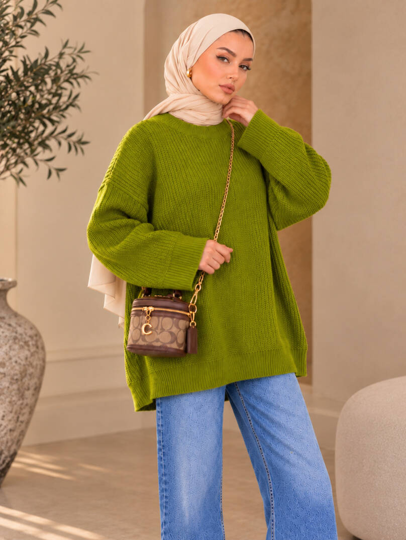 Mellow Oversize Triko Kazak - Yeşil - 22088-YESIL - 2