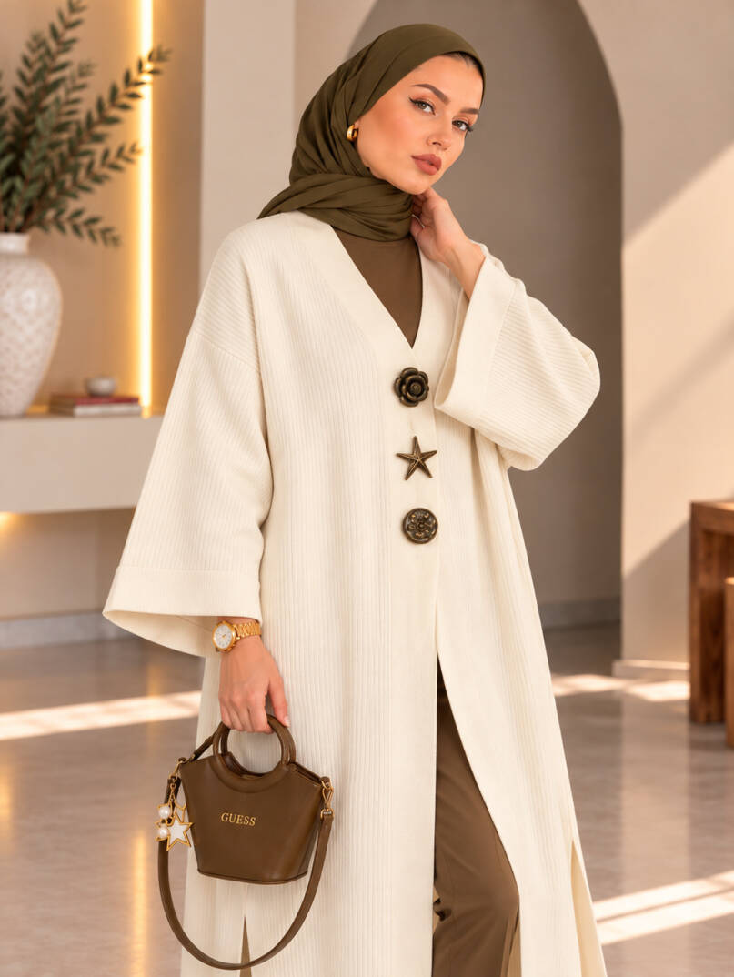 Milano Broş Detaylı Triko Kimono - Ekru - 22072-EKRU - 2