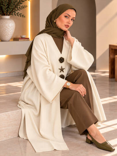 Milano Broş Detaylı Triko Kimono - Ekru - 22072-EKRU - 3