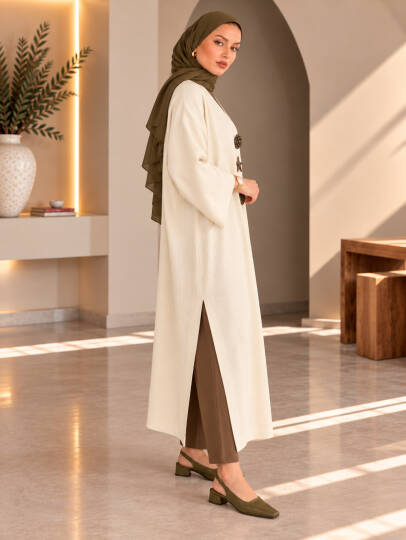 Milano Broş Detaylı Triko Kimono - Ekru - 22072-EKRU - 4