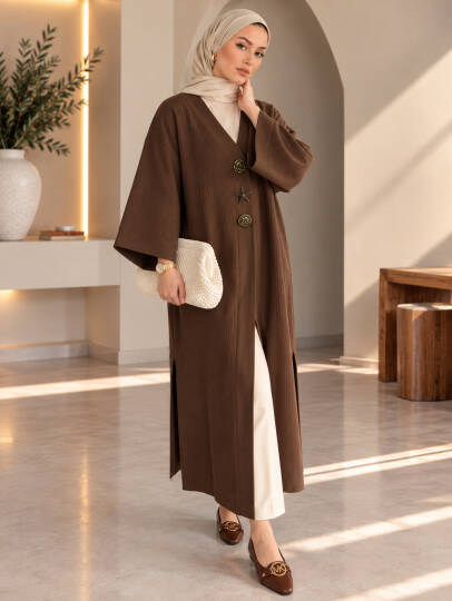 Milano Broş Detaylı Triko Kimono - Kahve - 22072-KAHVE