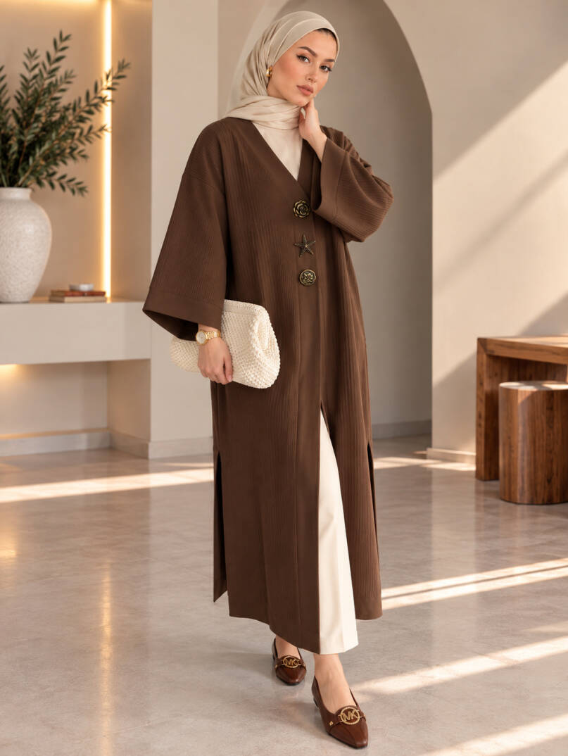 Milano Broş Detaylı Triko Kimono - Kahve - 22072-KAHVE - 1