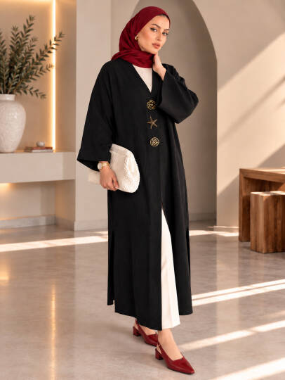 Milano Broş Detaylı Triko Kimono - Siyah - 22072-SIYAH