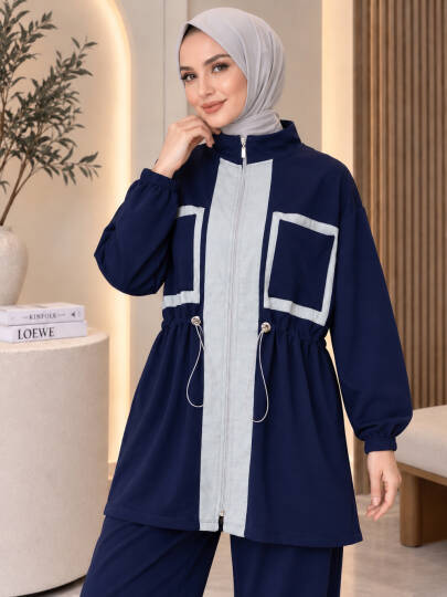 Modern Blok Detaylı Beli Büzgülü Oysho Takım - Lacivert - 22049-LACIVERT-36 - 2