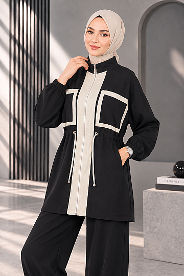 Modern Blok Detaylı Beli Büzgülü Oysho Takım - Siyah - 2