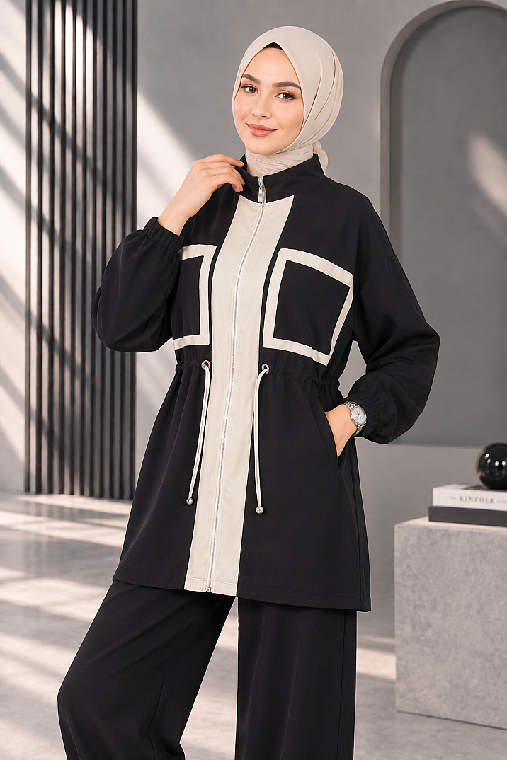 Modern Blok Detaylı Beli Büzgülü Oysho Takım - Siyah - 2