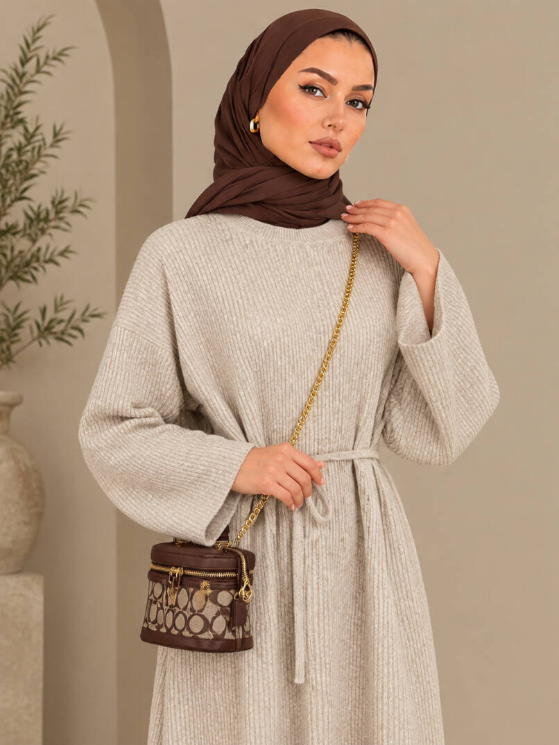Mona Kemer Bağcıklı Triko Elbise - Bej - 22085-BEJ - 2