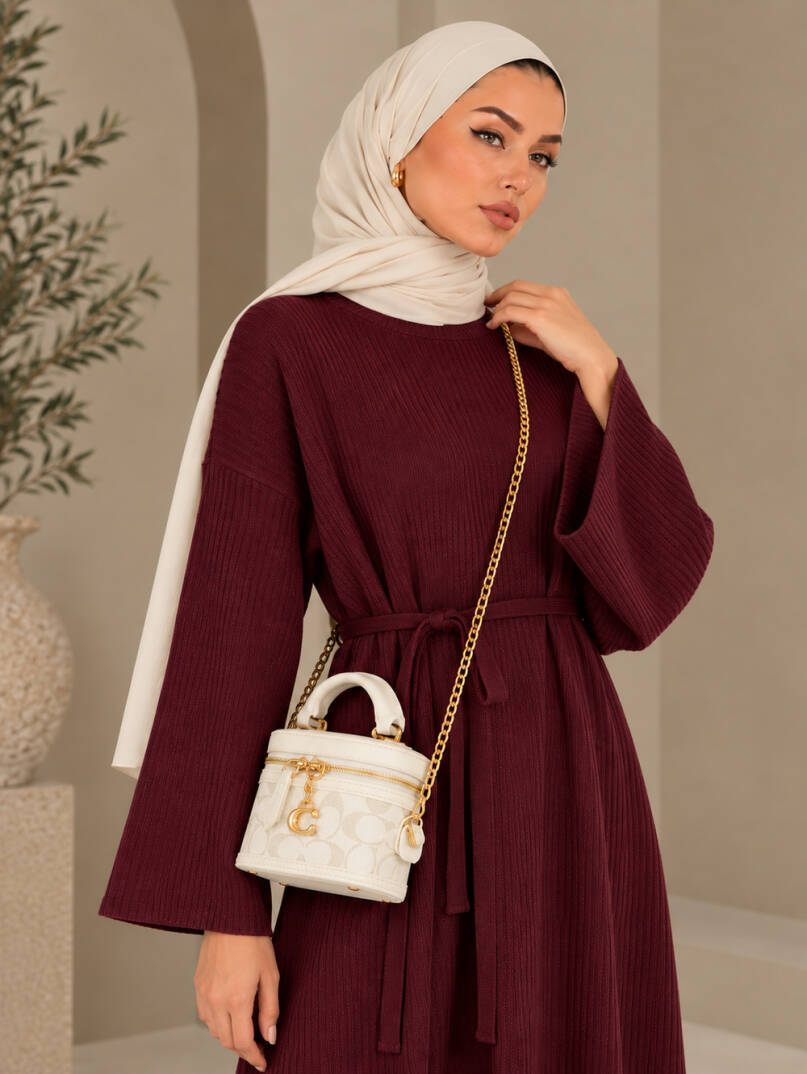 Mona Kemer Bağcıklı Triko Elbise - Bordo - 22085-BORDO - 2
