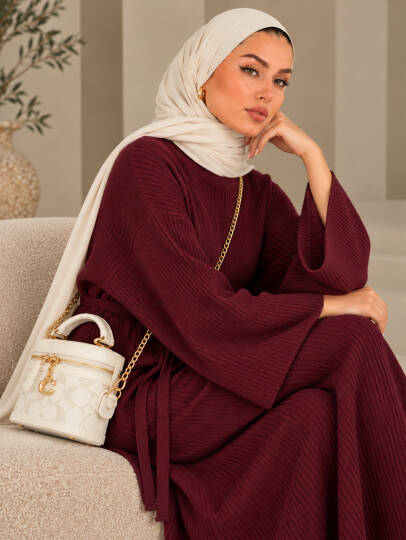 Mona Kemer Bağcıklı Triko Elbise - Bordo - 22085-BORDO - 3