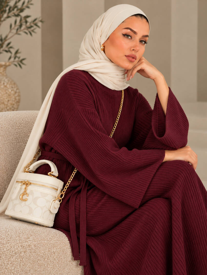 Mona Kemer Bağcıklı Triko Elbise - Bordo - 22085-BORDO - 3