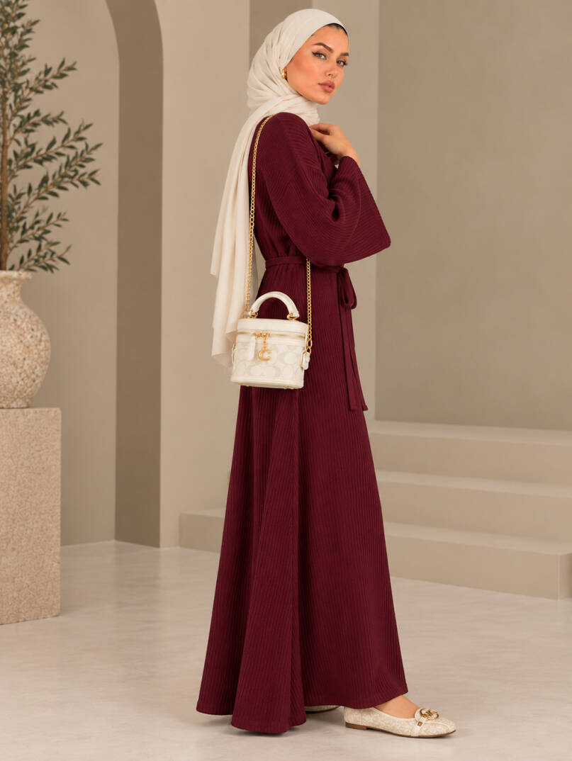Mona Kemer Bağcıklı Triko Elbise - Bordo - 22085-BORDO - 4