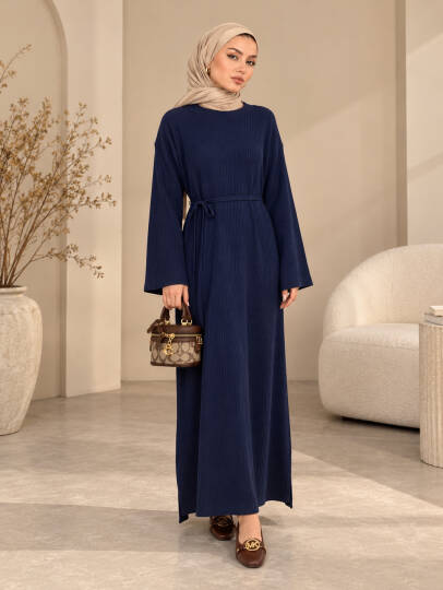 Mona Kemer Bağcıklı Triko Elbise - Lacivert - 22085-LACIVERT