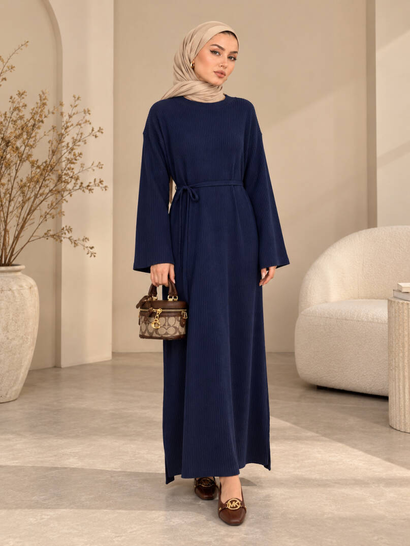 Mona Kemer Bağcıklı Triko Elbise - Lacivert - 22085-LACIVERT - 1