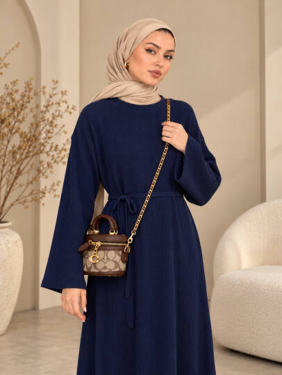 Mona Kemer Bağcıklı Triko Elbise - Lacivert - 22085-LACIVERT - 2