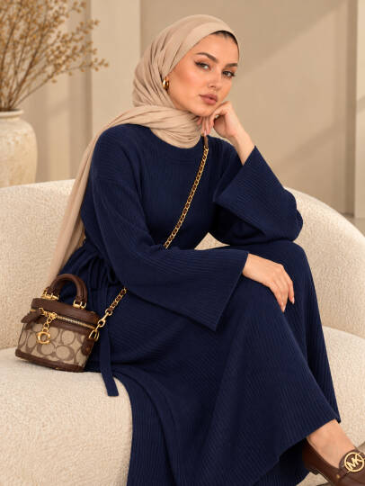 Mona Kemer Bağcıklı Triko Elbise - Lacivert - 22085-LACIVERT - 3