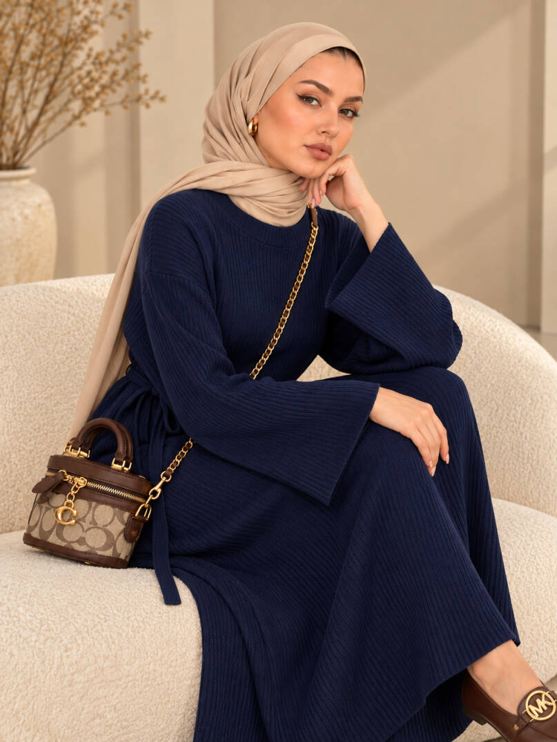 Mona Kemer Bağcıklı Triko Elbise - Lacivert - 22085-LACIVERT - 3