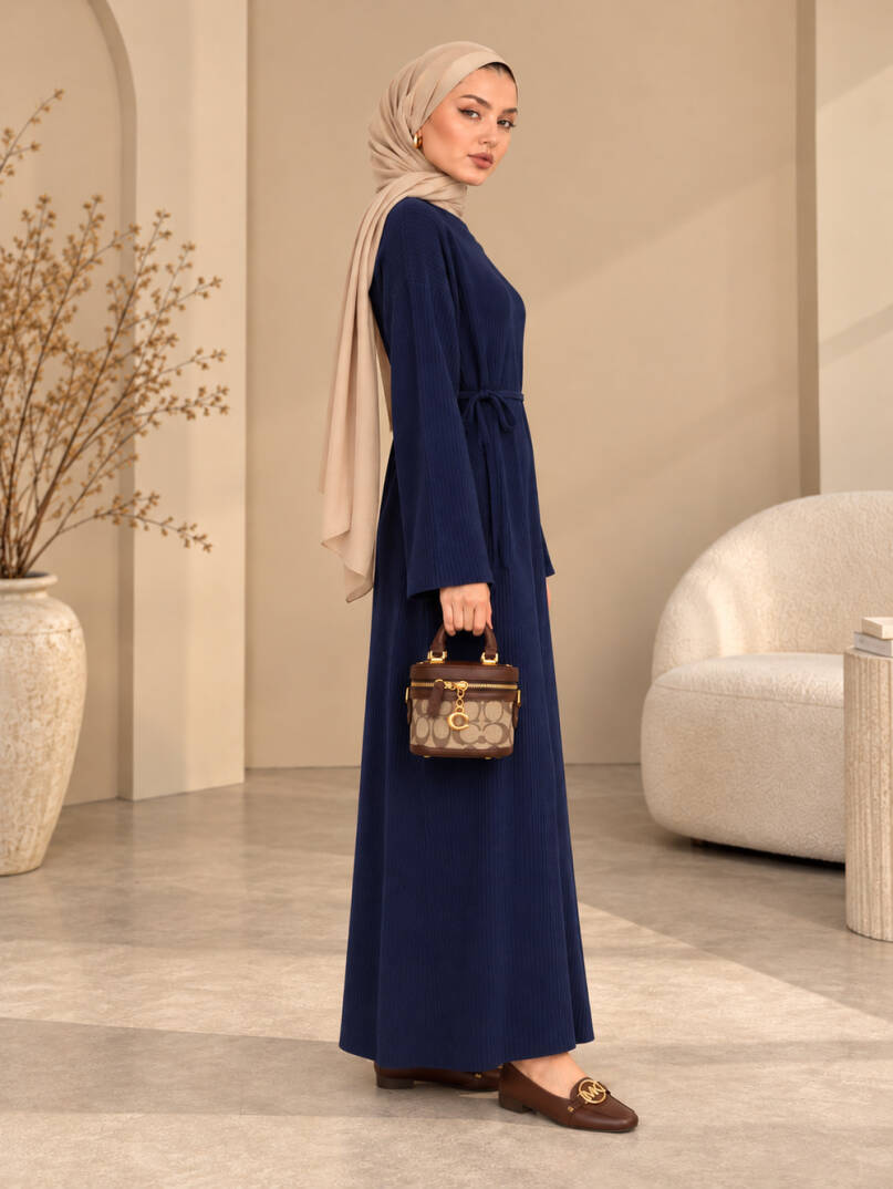 Mona Kemer Bağcıklı Triko Elbise - Lacivert - 22085-LACIVERT - 4