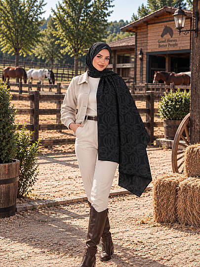Naia Desen Ayrobin Jakar Şal - Siyah - 1