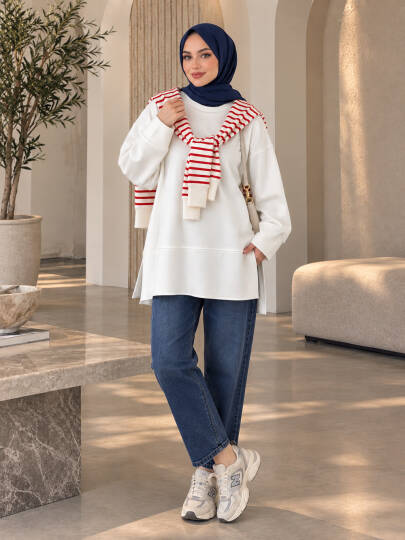 Oversize Yırtmaçlı Basic Sweat - Ekru - 22053-EKRU