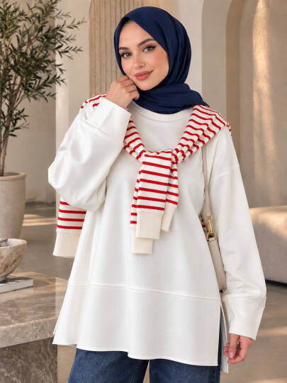 Oversize Yırtmaçlı Basic Sweat - Ekru - 22053-EKRU - 2