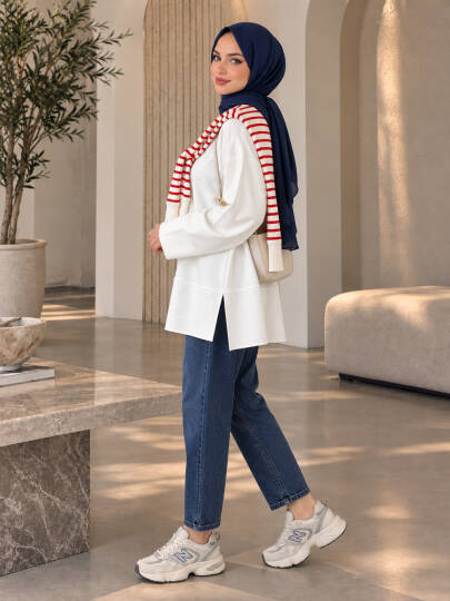 Oversize Yırtmaçlı Basic Sweat - Ekru - 22053-EKRU - 3