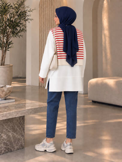 Oversize Yırtmaçlı Basic Sweat - Ekru - 22053-EKRU - 4