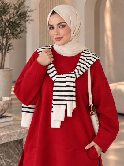 Oversize Yırtmaçlı Basic Sweat - Kırmızı - 22053-KIRMIZI