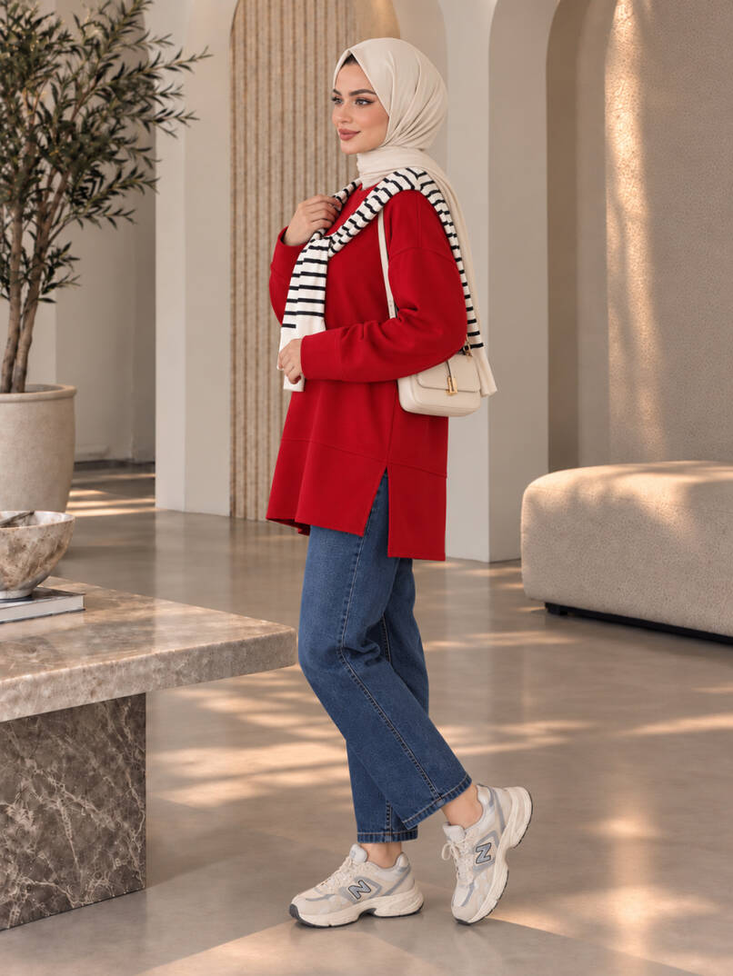 Oversize Yırtmaçlı Basic Sweat - Kırmızı - 22053-KIRMIZI - 2