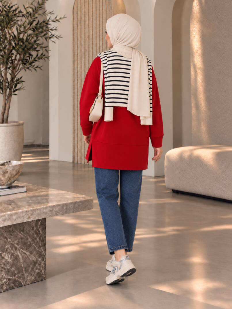 Oversize Yırtmaçlı Basic Sweat - Kırmızı - 22053-KIRMIZI - 3