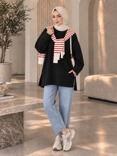 Oversize Yırtmaçlı Basic Sweat - Siyah - 22053-SIYAH