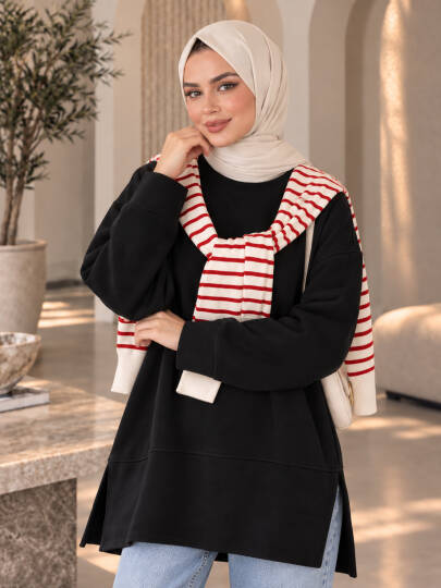 Oversize Yırtmaçlı Basic Sweat - Siyah - 22053-SIYAH - 2