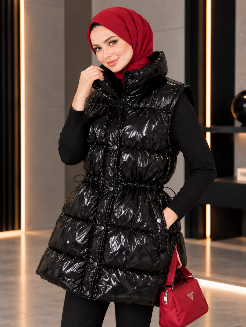 Parlak Dokulu Bel Büzgülü Şişme Yelek - Siyah - 22059-SIYAH - 3