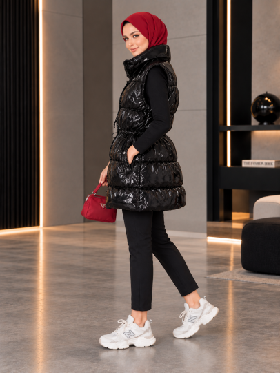 Parlak Dokulu Bel Büzgülü Şişme Yelek - Siyah - 22059-SIYAH - 4