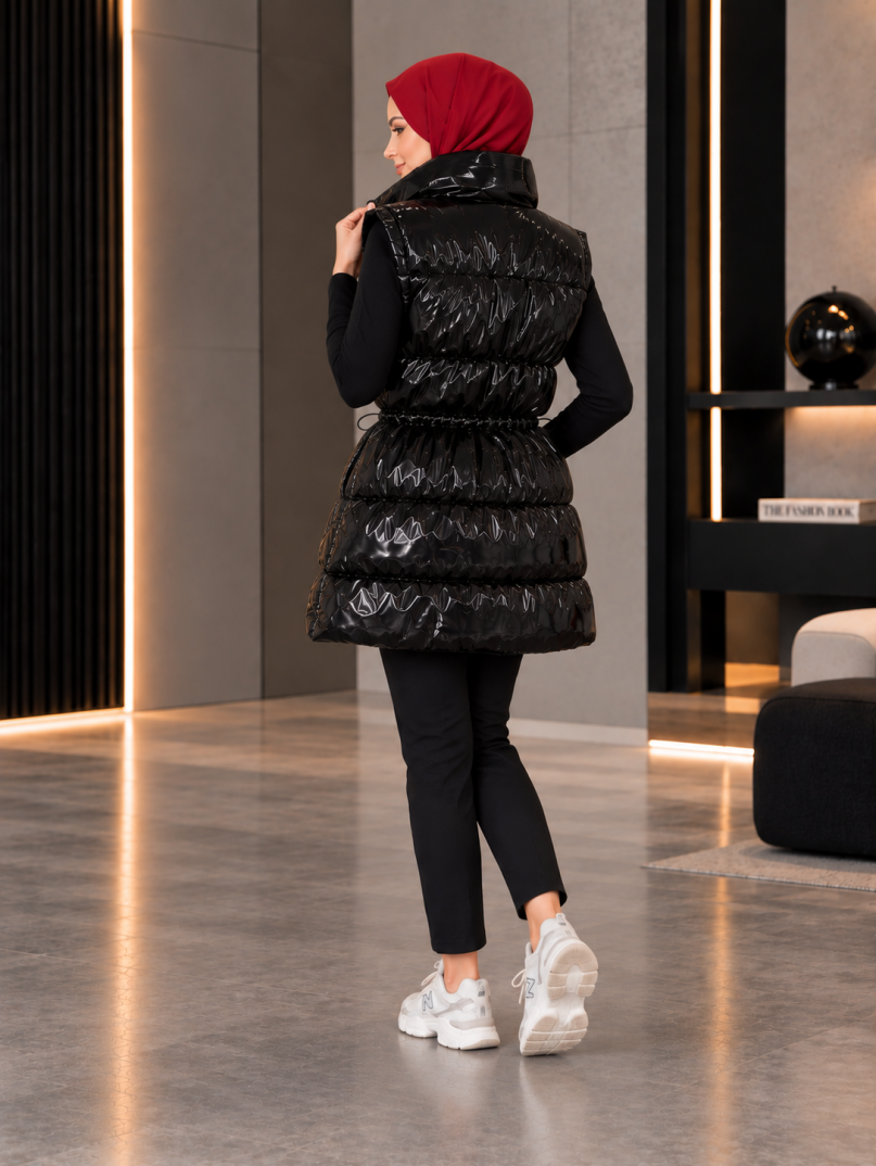 Parlak Dokulu Bel Büzgülü Şişme Yelek - Siyah - 22059-SIYAH - 5