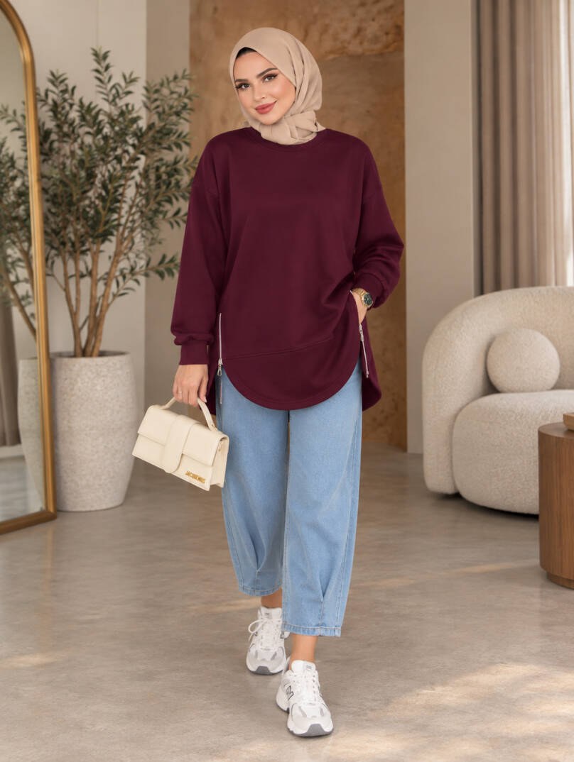 Prime Yandan Fermuarlı Oversize Sweat - Bordo - 22070-BORDO - 1