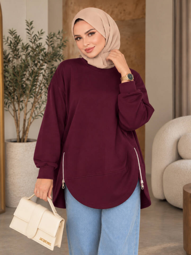 Prime Yandan Fermuarlı Oversize Sweat - Bordo - 22070-BORDO - 2