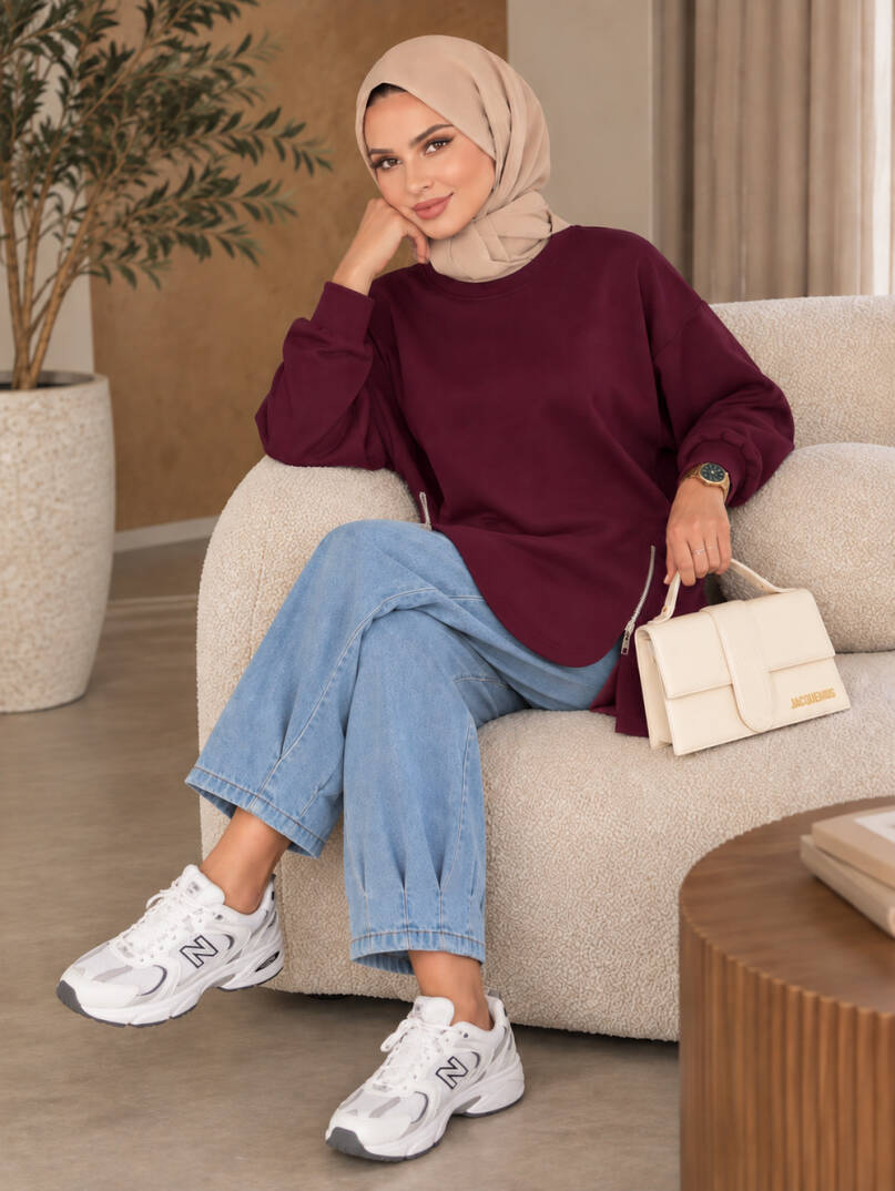 Prime Yandan Fermuarlı Oversize Sweat - Bordo - 22070-BORDO - 3