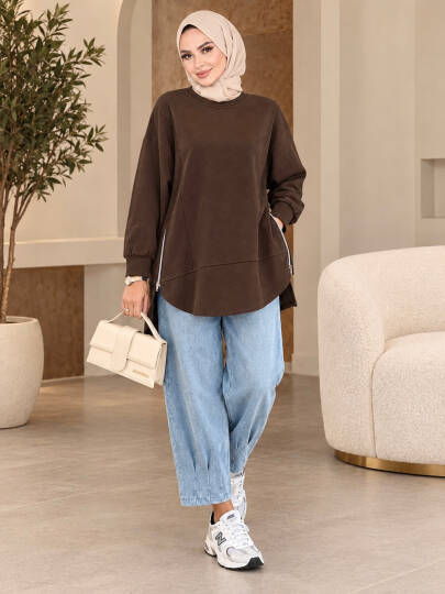 Prime Yandan Fermuarlı Oversize Sweat - Kahve - 22070-KAHVE