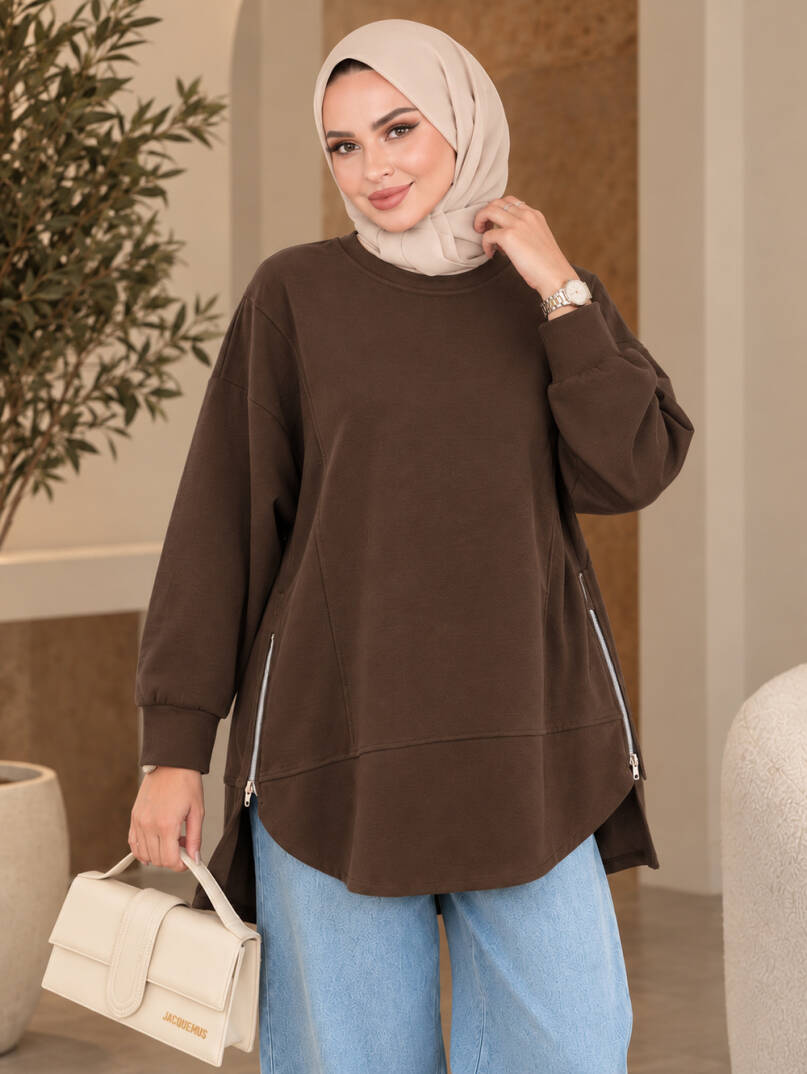 Prime Yandan Fermuarlı Oversize Sweat - Kahve - 22070-KAHVE - 2