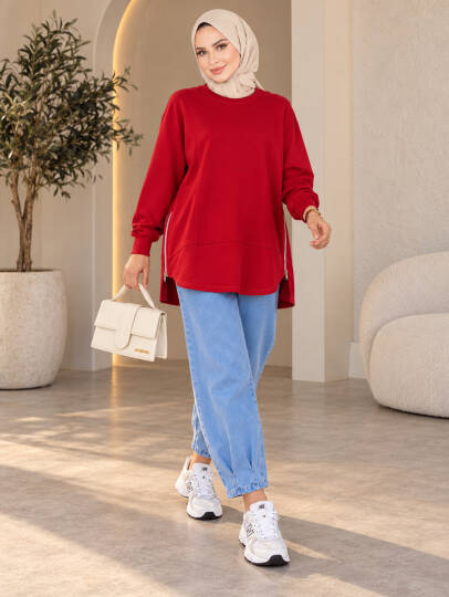 Prime Yandan Fermuarlı Oversize Sweat - Kırmızı - 22070-KIRMIZI
