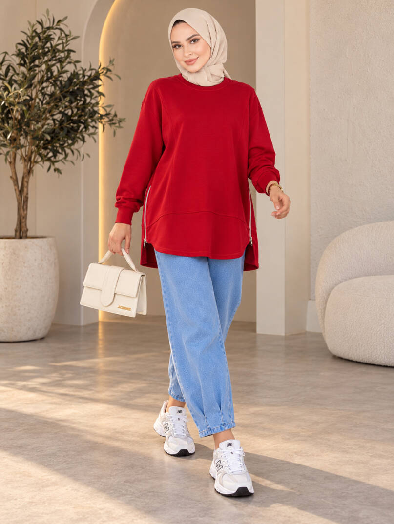 Prime Yandan Fermuarlı Oversize Sweat - Kırmızı - 22070-KIRMIZI - 1
