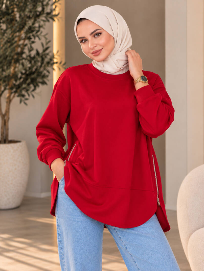 Prime Yandan Fermuarlı Oversize Sweat - Kırmızı - 22070-KIRMIZI - 2