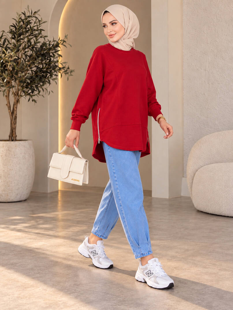 Prime Yandan Fermuarlı Oversize Sweat - Kırmızı - 22070-KIRMIZI - 4