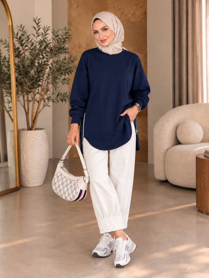 Prime Yandan Fermuarlı Oversize Sweat - Lacivert - 22070-LACIVERT - 1