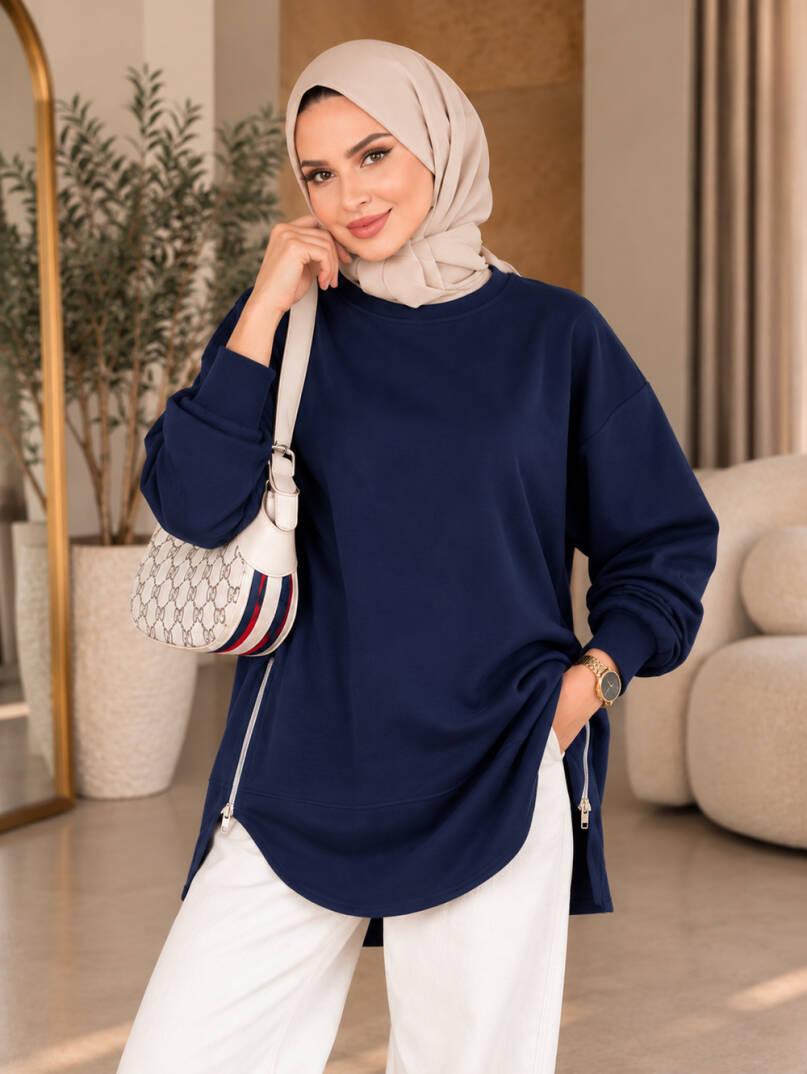 Prime Yandan Fermuarlı Oversize Sweat - Lacivert - 22070-LACIVERT - 2