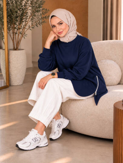 Prime Yandan Fermuarlı Oversize Sweat - Lacivert - 22070-LACIVERT - 3