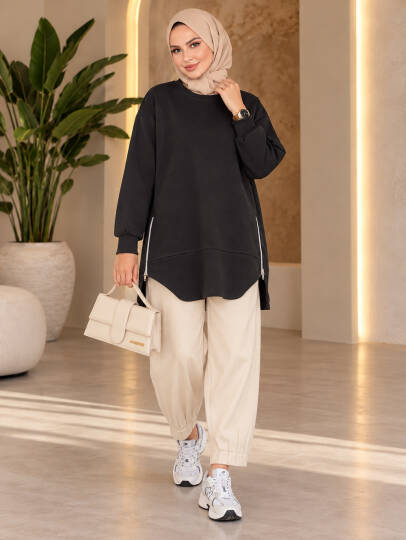 Prime Yandan Fermuarlı Oversize Sweat - Siyah - 22070-SIYAH
